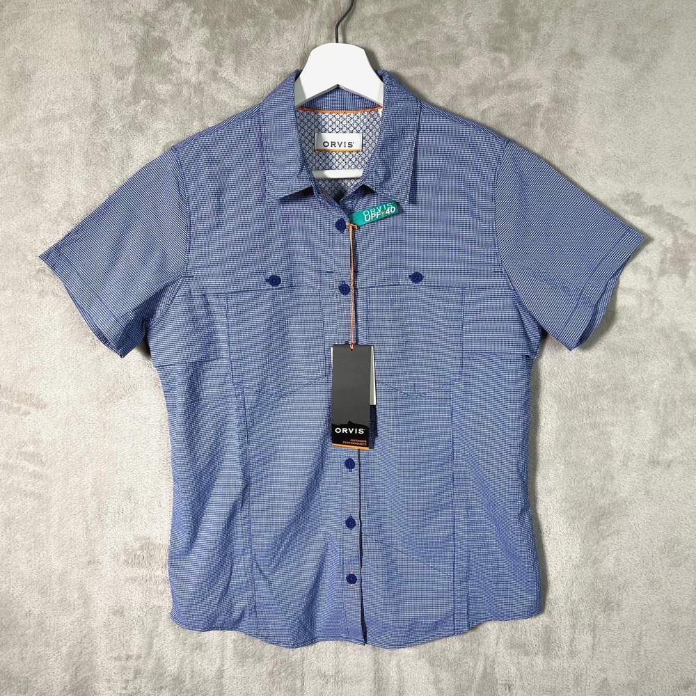 Orvis Womens Shirt Outdoor Performance Work Shirt Short Sleeve UPF 40 Blue XS